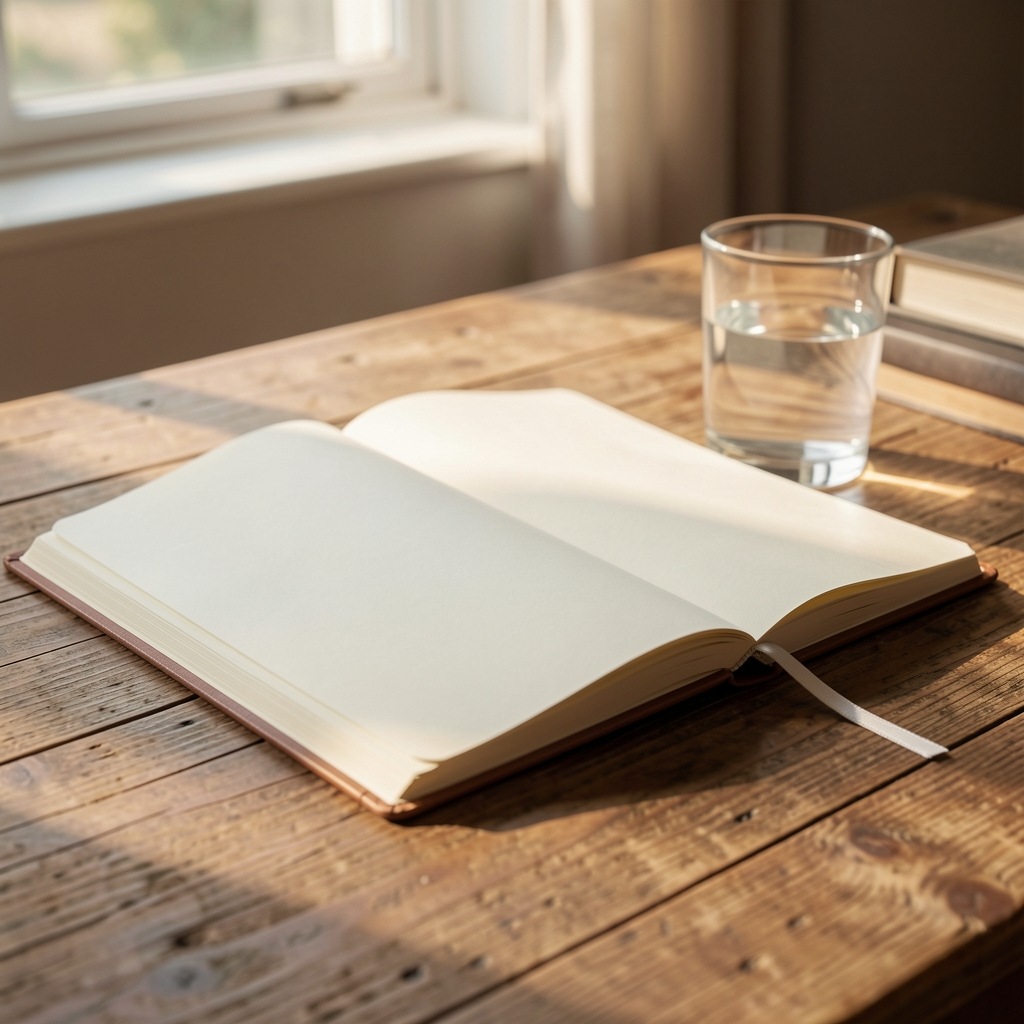 Notebook open on a wooden desk with a glass of water and morning light, editorial writing space
