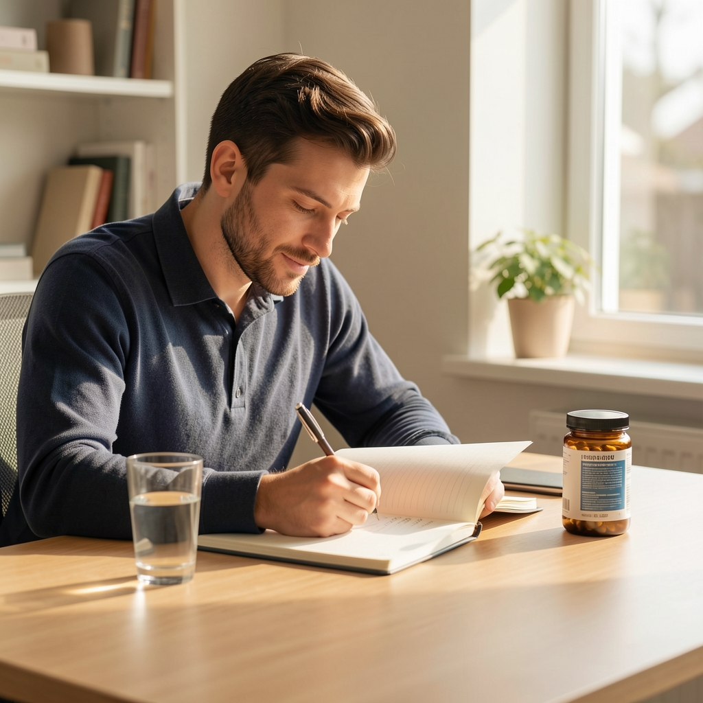 Man journalling at a desk with a glass of water and supplement container beside him in soft morning daylight