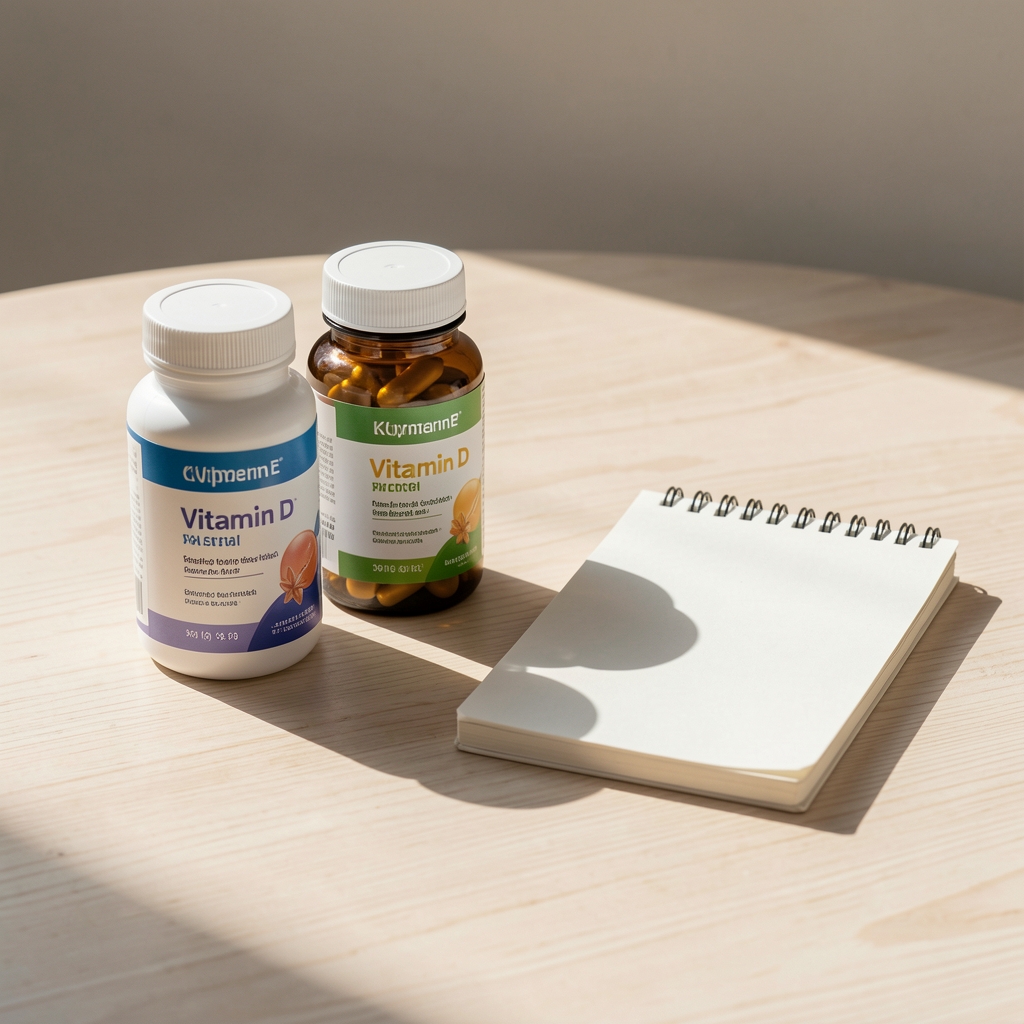 Vitamin D supplement containers and a small notebook arranged on a pale wooden surface in morning light