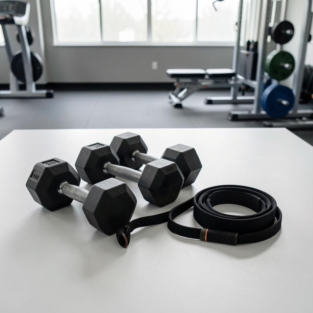 Weights and resistance band on a clean surface in a gym setting, editorial composition with natural overhead light
