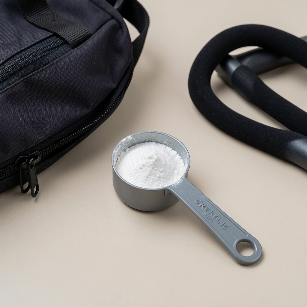 Creatine powder measuring scoop on a neutral background with gym bag and resistance band in a clean editorial flat lay