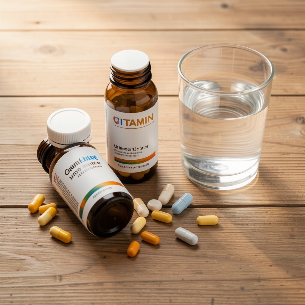 Vitamin bottles and a glass of water arranged on a wooden surface, morning supplement routine flat lay