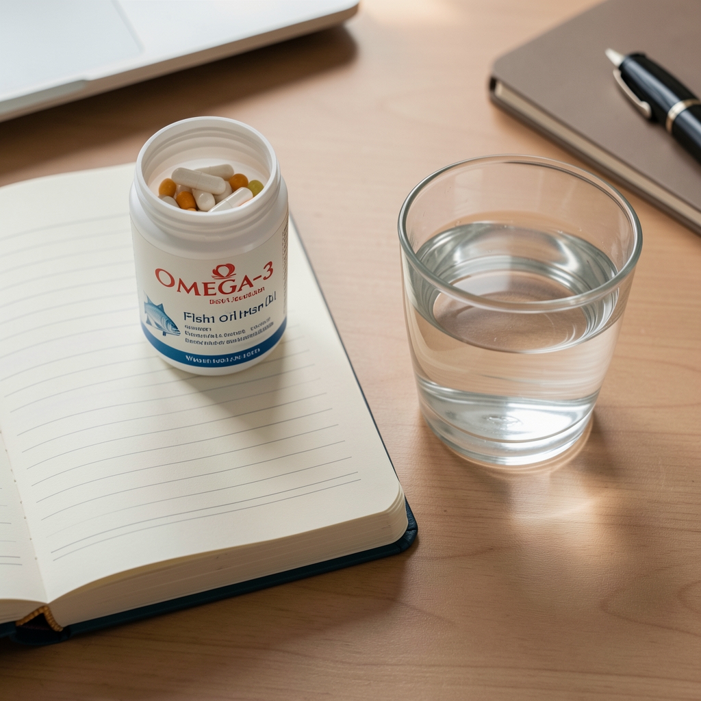 Omega-3 fish oil capsule container beside a glass of water and morning journal on a desk, editorial overhead composition