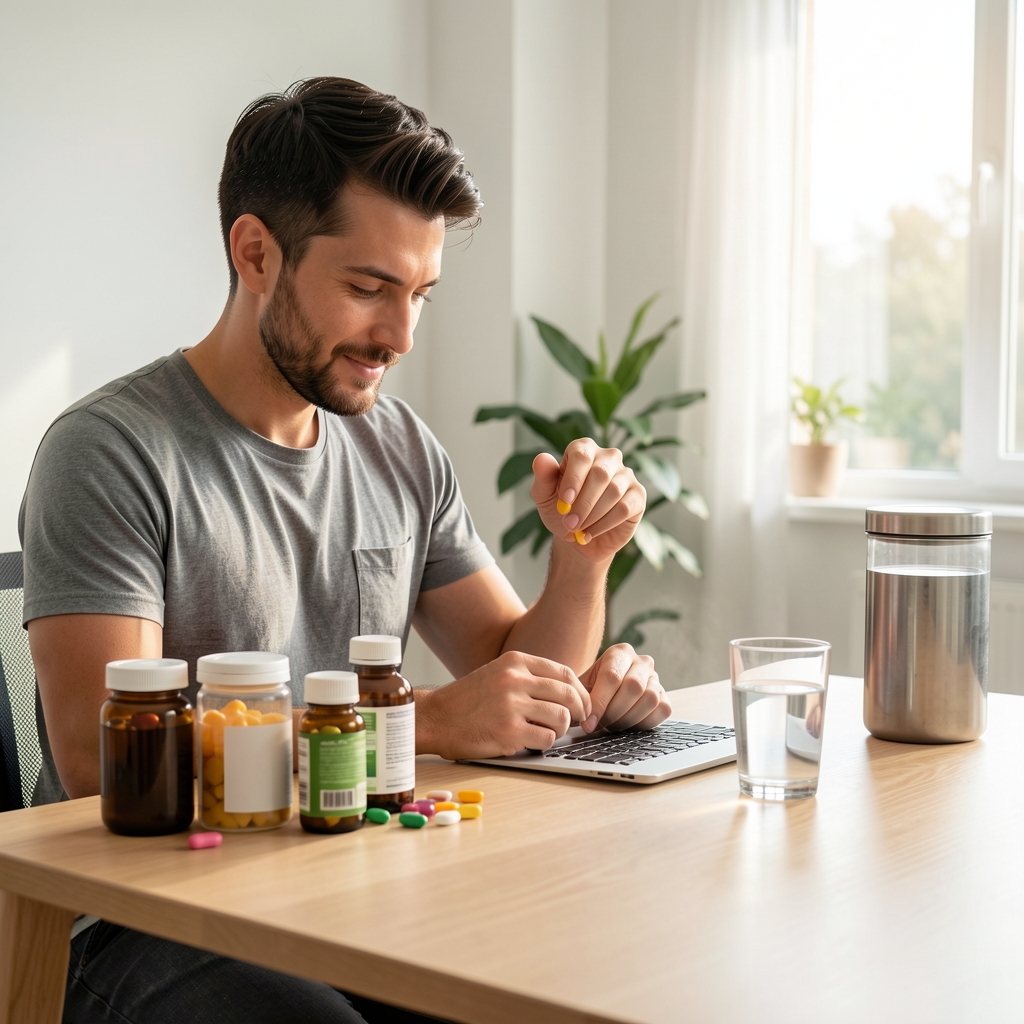 Man preparing morning supplement routine at a clean wooden desk with vitamin containers and a glass of water in natural light