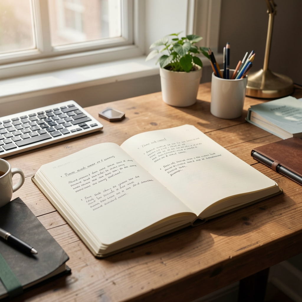 Open notebook with handwritten notes on a desk, morning editorial workspace, natural light